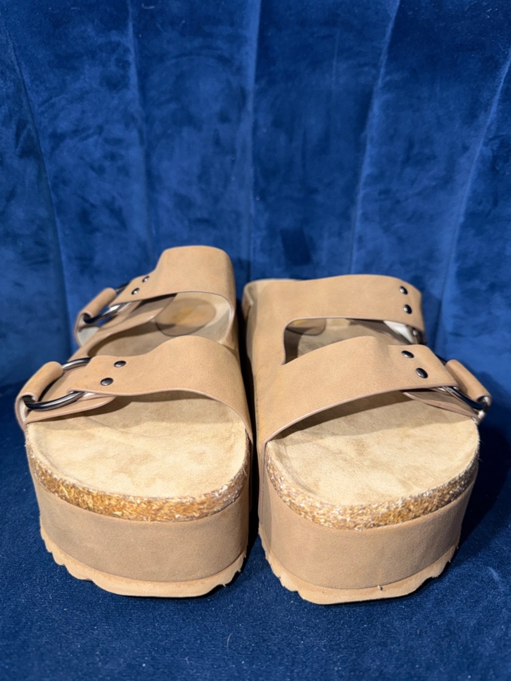MIA Tan Platform Slide Sandals with Silver Ring Buckles - Picture 2 of 6